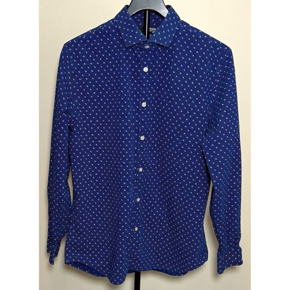 Murano Slim Fit Cotton Geometric Woven Button-Up Shirt Long Sleeve Blue White L